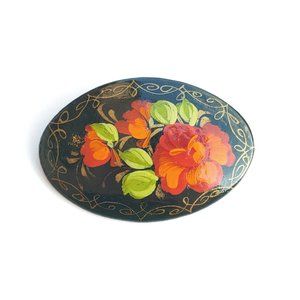🎃Signed Vintage Wooden Floral Handpainted Brooch